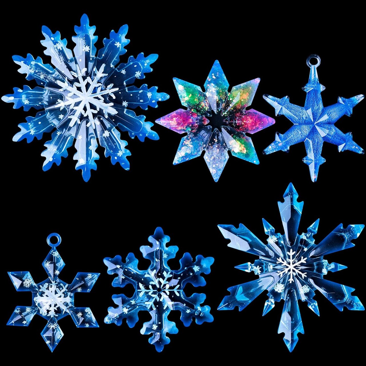 LET'S RESIN Christmas Snowflake Silicone Epoxy Molds, 6 Pcs Varying Sizes, 3D Crystal Resin Ornament Molds for Tree & Car Decoration, Keychain